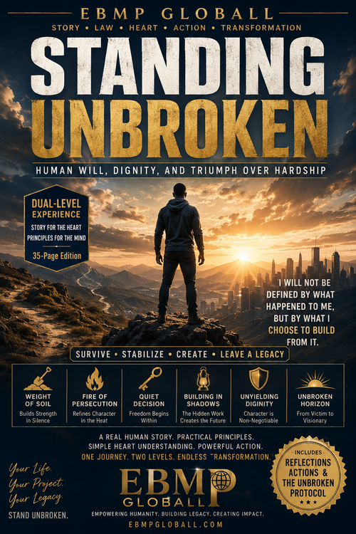 Promotional graphic for the book 'Standing Unbroken' by EBMP Global, featuring a dramatic sunset over a mountain range with a silhouetted figure facing the horizon. The title 'STANDING UNBROKEN' is displayed in large white and gold letters, with supporting text and feature callouts around it.