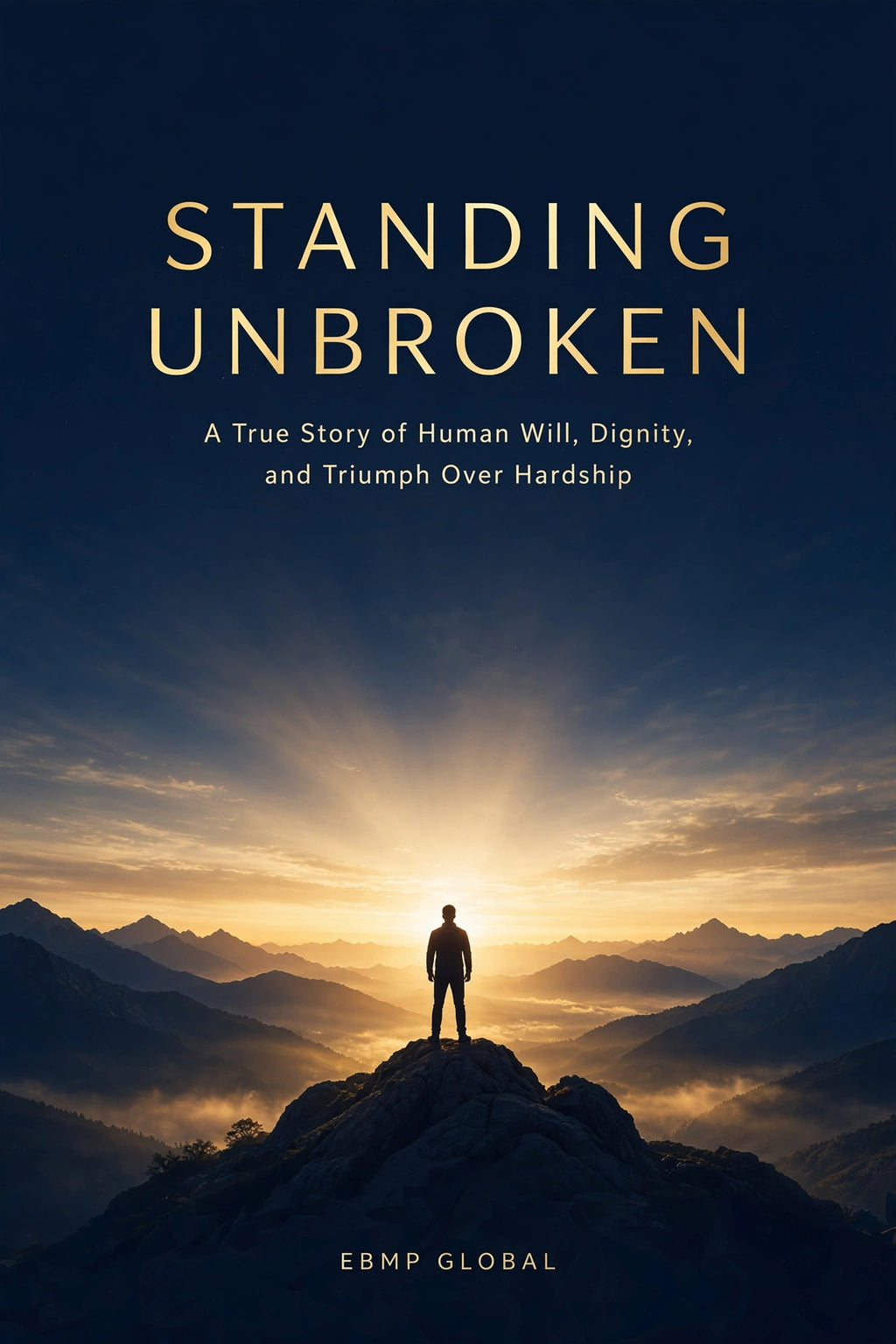 Book cover for 'Standing Unbroken' by EBMP GLOBAL, featuring a silhouetted figure standing on a mountain peak with a dramatic sunrise over layered mountain ranges.