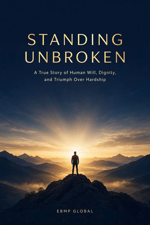 Book cover for 'Standing Unbroken' by EBMP GLOBAL, featuring a silhouetted figure standing on a mountain peak with a dramatic sunrise over layered mountain ranges.