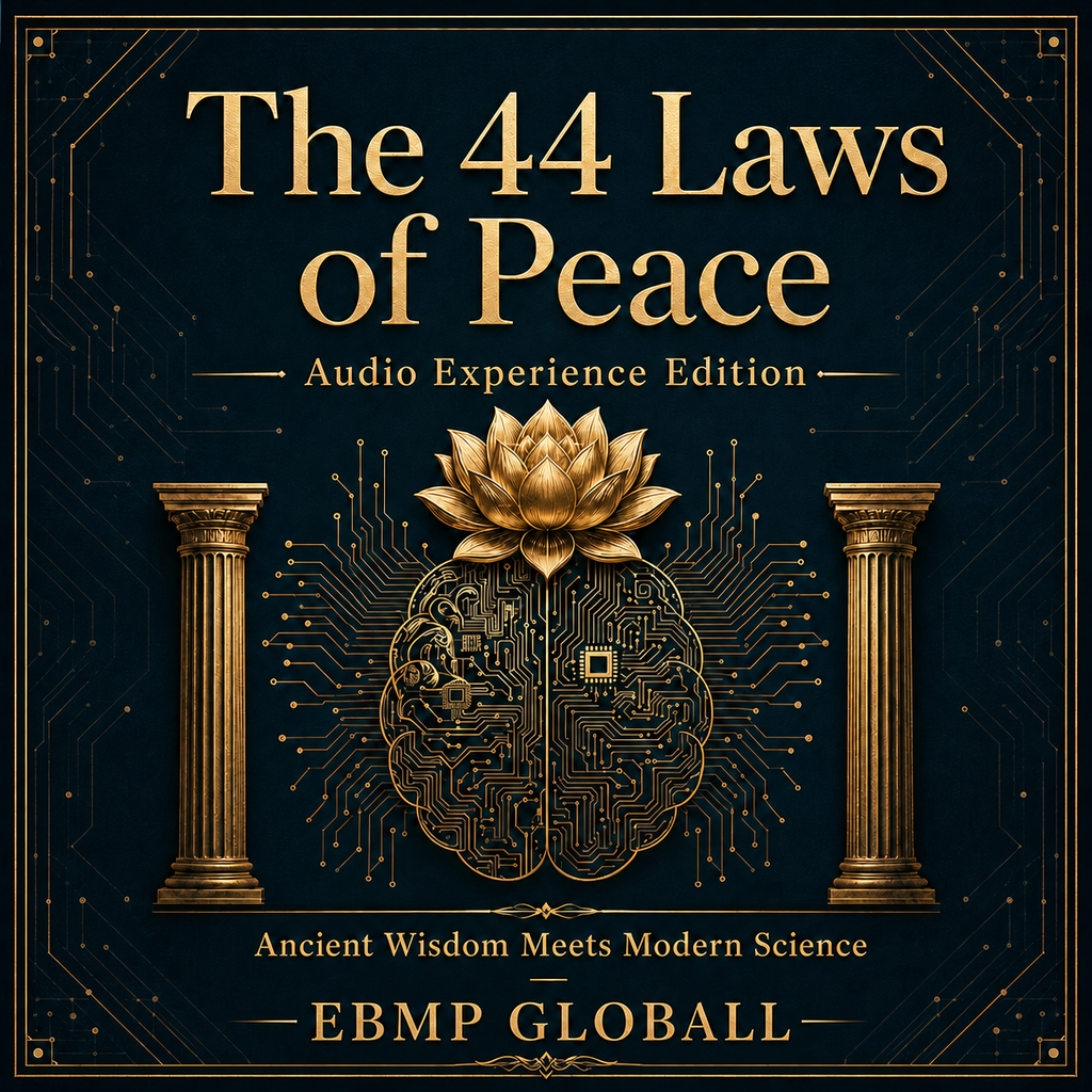 Digital cover art for 'The 44 Laws of Peace - Audio Experience Edition' by EBMP GLOBALL, featuring a dark navy blue background with gold circuit board patterns, gold serif text, and a central gold lotus flower and brain illustration flanked by two columns.