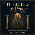 Digital cover art for 'The 44 Laws of Peace - Audio Experience Edition' by EBMP GLOBALL, featuring a dark navy blue background with gold circuit board patterns, gold serif text, and a central gold lotus flower and brain illustration flanked by two columns.