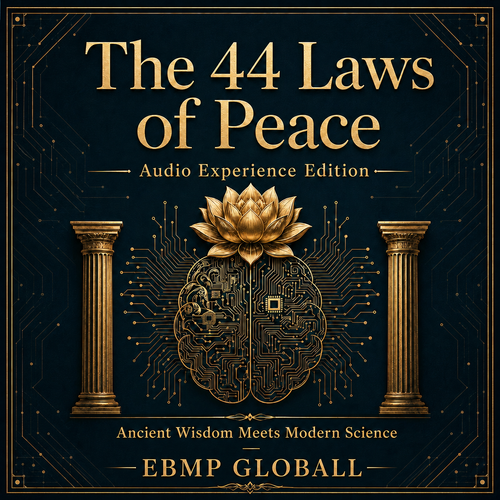 Digital cover art for 'The 44 Laws of Peace - Audio Experience Edition' by EBMP GLOBALL, featuring a dark navy blue background with gold circuit board patterns, gold serif text, and a central gold lotus flower and brain illustration flanked by two columns.