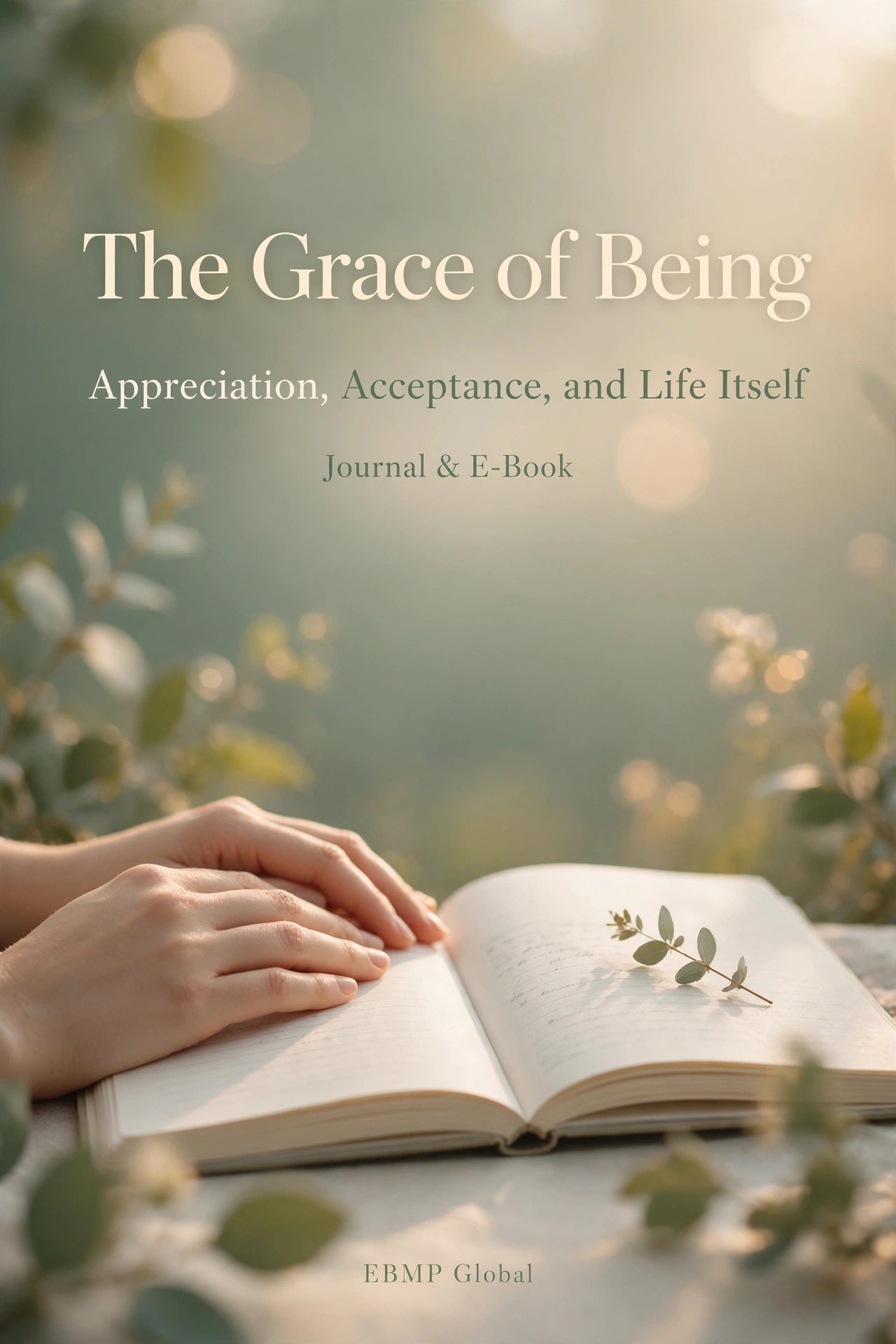 Book cover for 'The Grace of Being: Appreciation, Acceptance, and Life Itself' journal and e-book, featuring an open book with hands resting on it and a small leaf in a soft, sunlit outdoor setting.