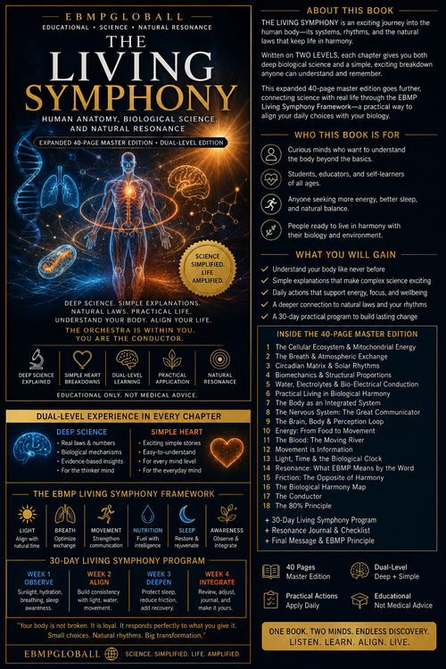 The front cover of the book 'The Living Symphony: Human Anatomy, Biological Science and Nature's Laws' by EMBGPGLOBAL, featuring a dark blue and black background with glowing blue and gold elements, white text, and various diagrammatic illustrations.
