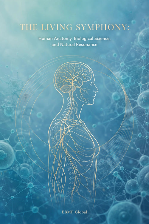 Book cover for 'The Living Symphony: Human Anatomy, Biological Science, and Natural Resonance' by EBMP Global, featuring a stylized gold line drawing of a human head and neck with visible brain and nervous system on a blue abstract background.
