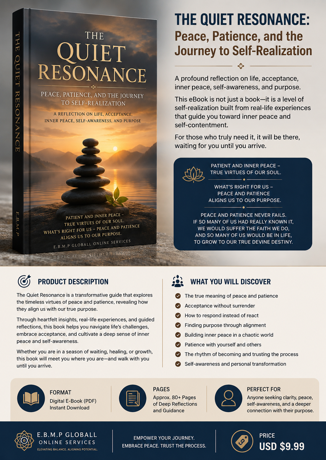 Book cover and promotional graphic for 'The Quiet Resonance' by E.B.
