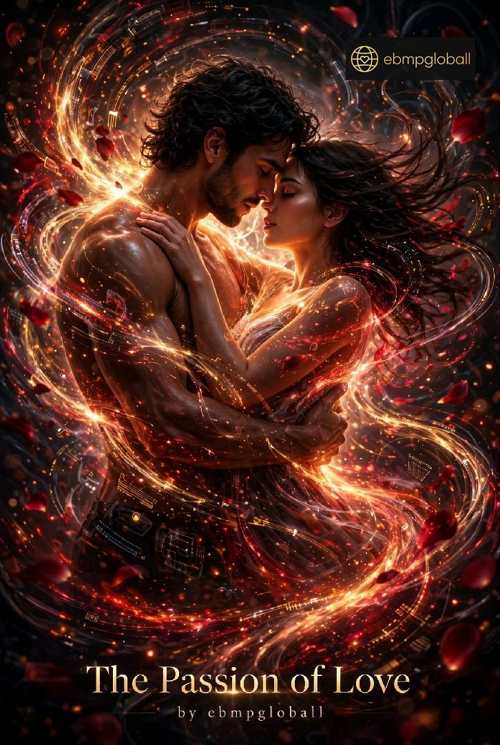 Romantic digital artwork showing a shirtless man and a woman embracing in a swirling vortex of fiery orange, red, and gold light, with floating red petals around them. The text 'The Passion of Love' and 'by ebmpglobal' appear at the bottom, and 'ebmpglobal' also appears as a logo at the top right.