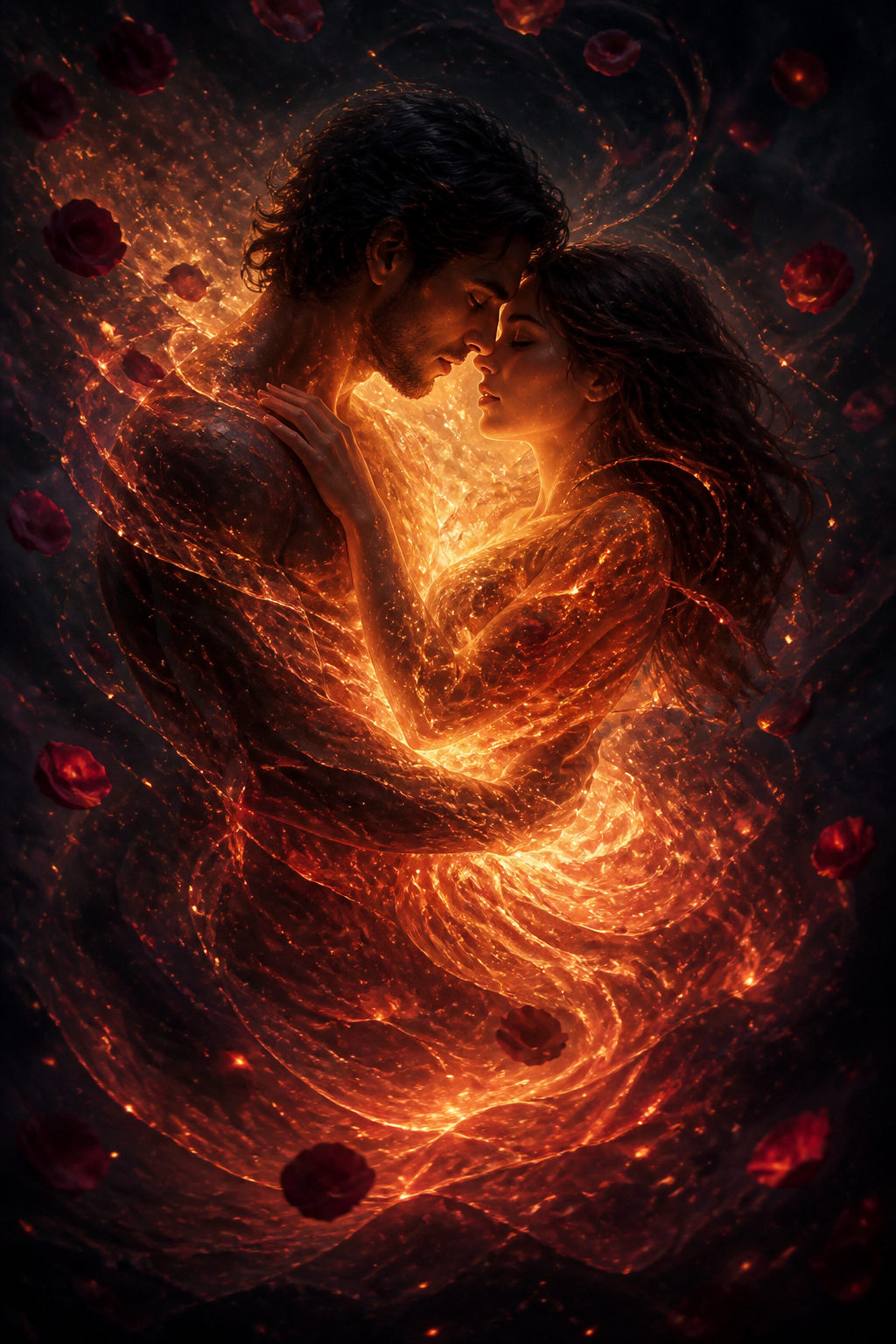 A dramatic fantasy-style artwork showing two embracing figures surrounded by glowing orange and red energy, with floating red orb-like forms against a dark background.