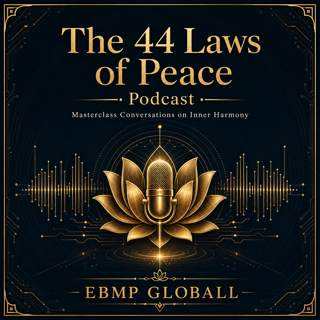 Digital cover art for 'The 44 Laws of Peace Podcast' by EBMP GLOBALL, featuring a central gold lotus flower and microphone icon on a dark navy background with gold circuit-like details.