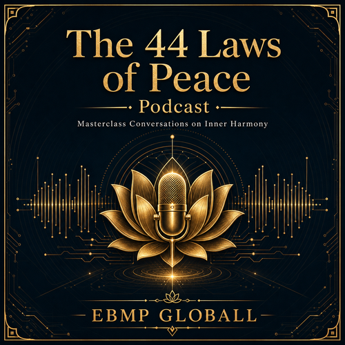 Digital cover art for 'The 44 Laws of Peace Podcast' by EBMP GLOBALL, featuring a central gold lotus flower and microphone icon on a dark navy background with gold circuit-like details.